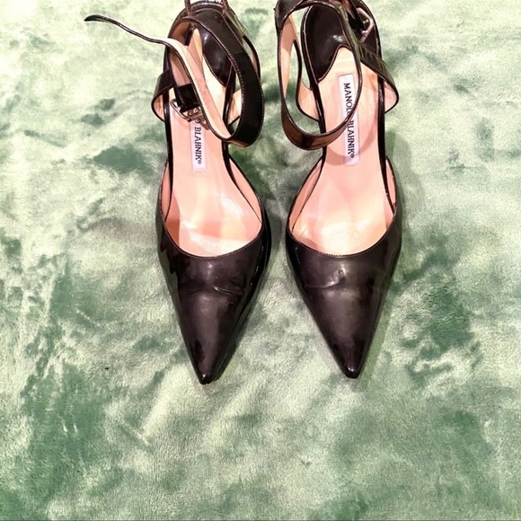𝅺MANOLO Blahnik Black patent leather strappy mule high heel stiletto - Picture 1 of 4